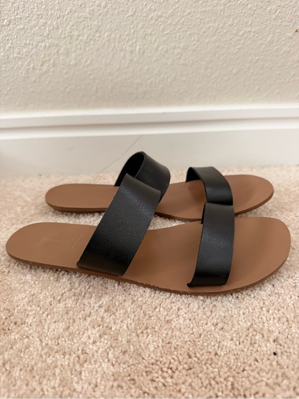 J. Crew Black Leather Double-Strap Slide Sandals - Women